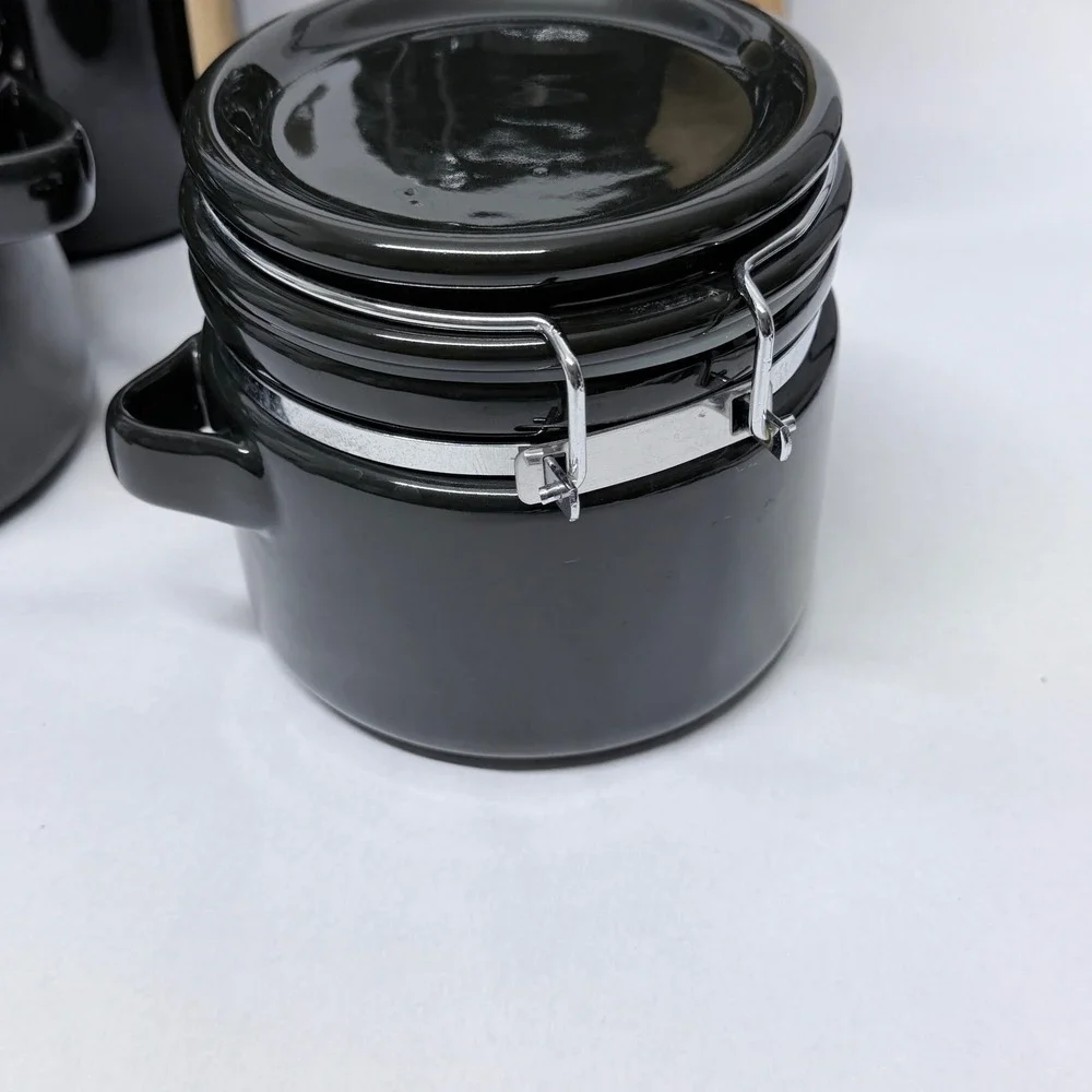 Black Ceramic Canister Set 4 Piece Airtight Locking Lids with Wooden Spoons